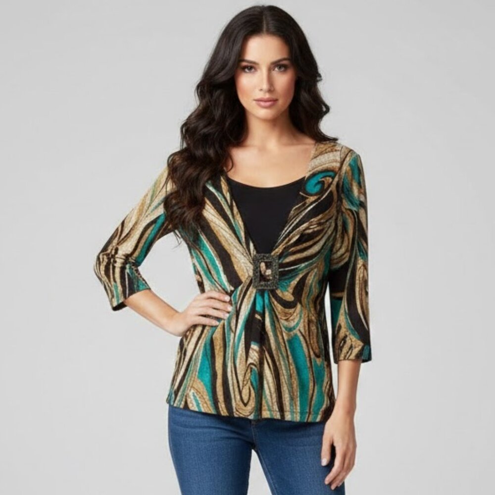 Chic Women's Top with Buckle in Teal and Brown